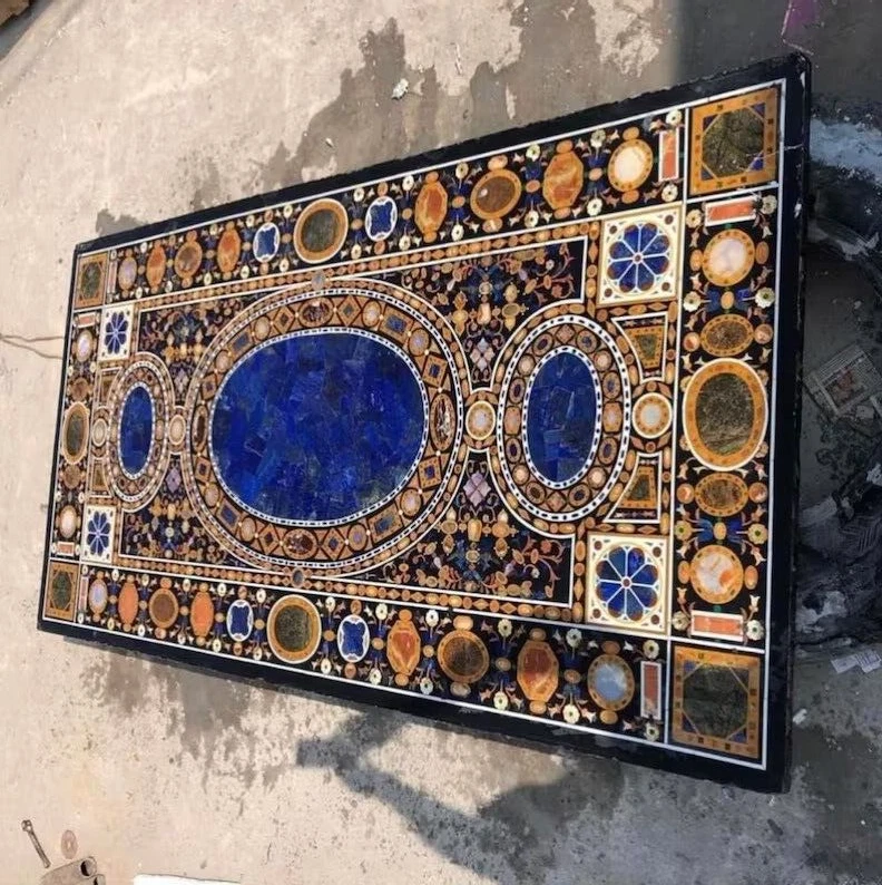 Black Marble Dining Table with Semi-Precious Lapis Mosaic Art